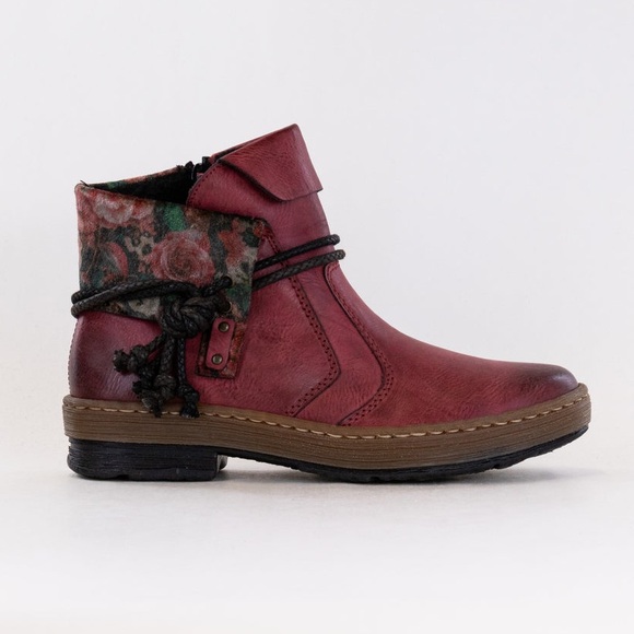 Rieker Z6771-35 Fee 93 Burgundy Red Floral Vegan Foldover Ankle Bootie Boot - Picture 1 of 16
